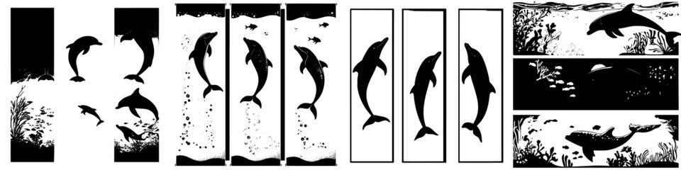 Black and white silhouettes of dolphins swimming among sea life in a tranquil underwater environment