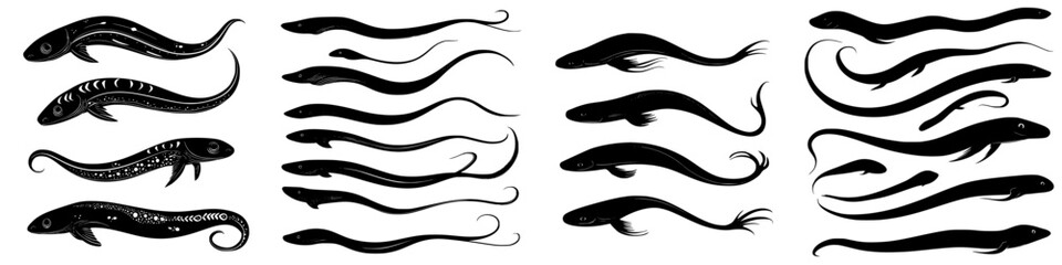 Obraz premium Elegant silhouettes of various fish swimming in a seamless and artistic arrangement