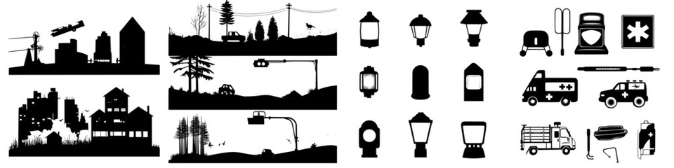 Obraz premium Urban landscape silhouettes showcasing various structures, vehicles, and emergency services in contrasting tones