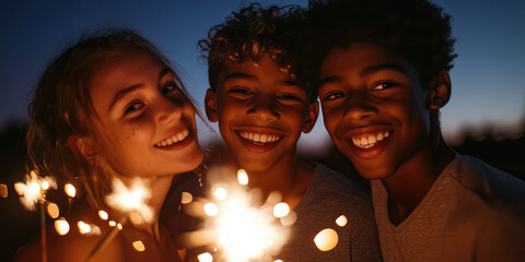 Three Teenagers with Sparklers at Night