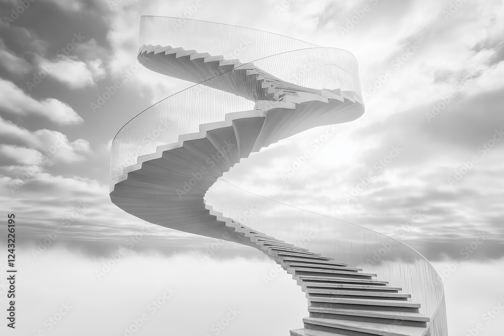 Poster a staircase that spirals infinitely into the sky, disappearing into the clouds