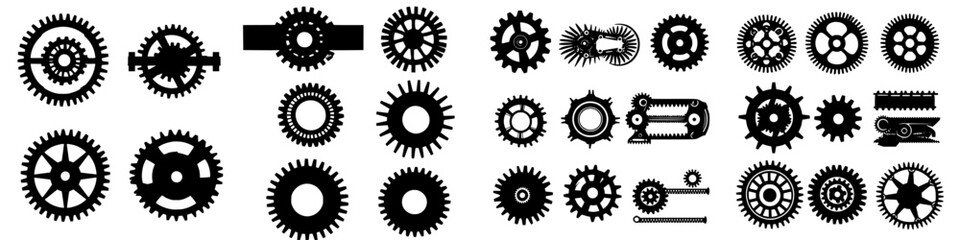 Collection of black gears on a white background showcasing various industrial designs and shapes