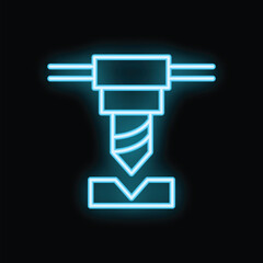 Blue neon icon of drill press drilling hole in metal on black background