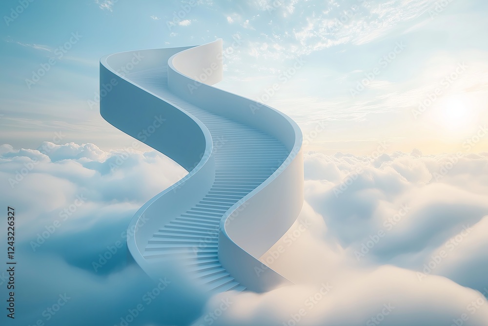 Poster a staircase that spirals infinitely into the sky, disappearing into the clouds