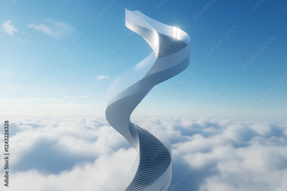 Poster a staircase that spirals infinitely into the sky, disappearing into the clouds