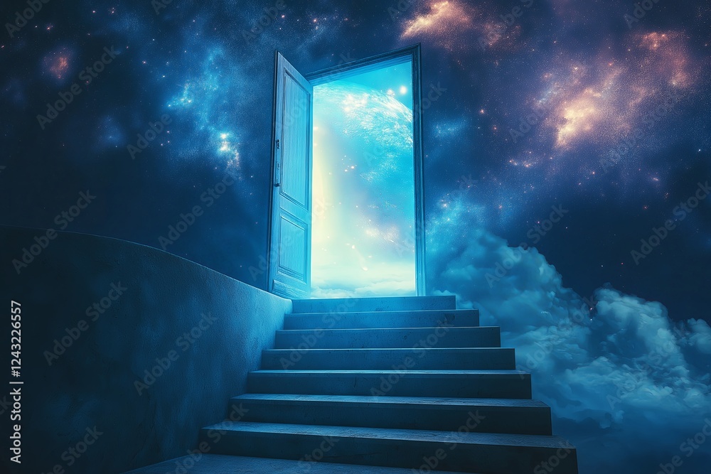 Poster a staircase leading into a doorway that opens into outer space