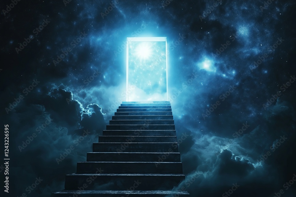 Poster a staircase leading into a doorway that opens into outer space