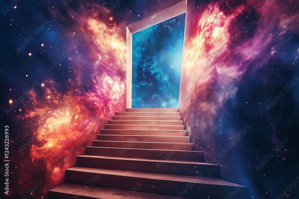 Poster a staircase leading into a doorway that opens into outer space