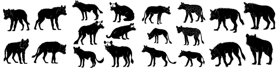Various silhouettes of wolves and canine species in diverse postures and sizes against a white background
