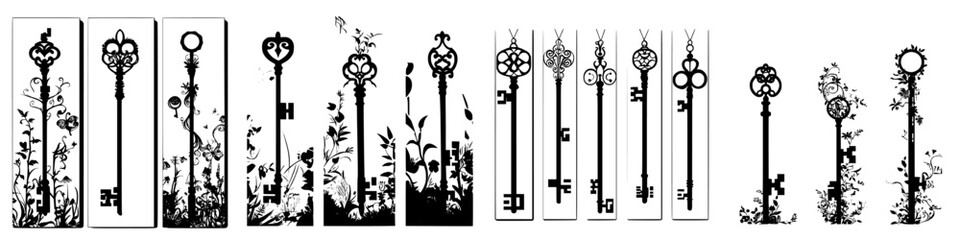Decorative illustrations of vintage keys surrounded by intricate plant designs in black and white