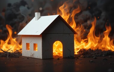 Fototapeta premium A paper house on fire against a dark background