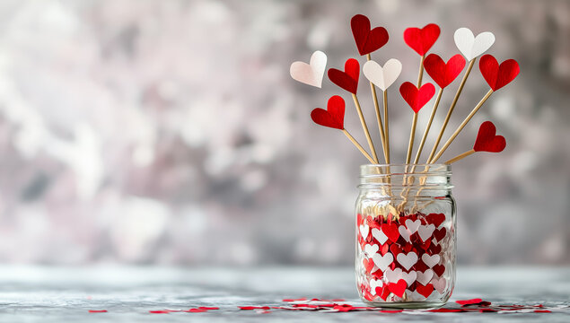 Colorful hearts in jar create a romantic atmosphere for celebrations or special events