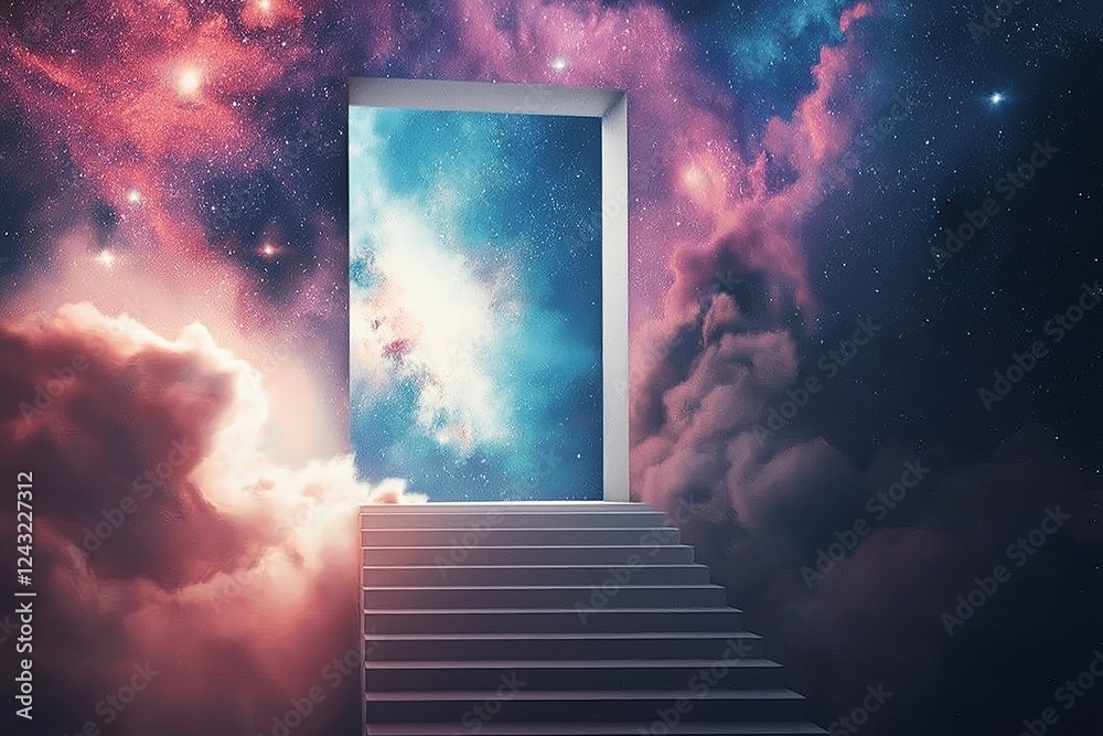 Poster a staircase leading into a doorway that opens into outer space