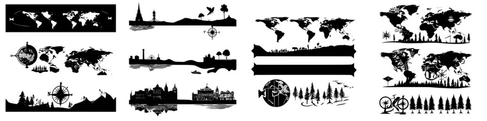 Various Illustrations of World Maps and Landscapes Featuring Compasses and Landmarks