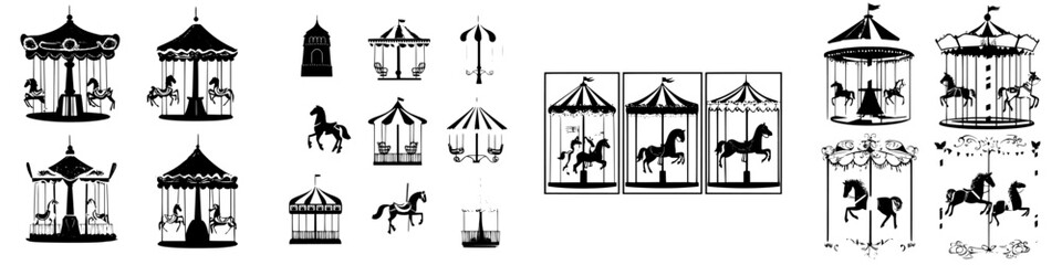 Various carousel designs and illustrations featuring horses and circus elements in vintage style © Andrei