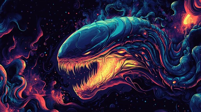 A vector illustration of an energy-based alien predator skin texture with constantly shifting neon fractals.