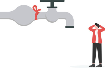 Business concept vector illustration of an exhausted businessman approaching a tied up water tap flows with bank notes


