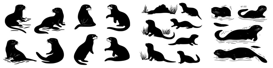 Otters in various poses engaging in playful activities along a riverbank during daylight hours