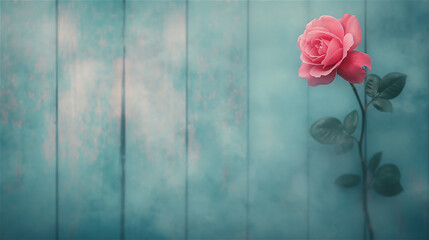A solitary pink rose stands beautifully juxtaposed against a vibrant blue wooden background, creating a striking visual contrast, copy space