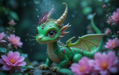 Obraz premium An illustration of a green dragon with flowers in the background