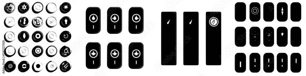 Poster diverse set of icon designs showcasing various functions and controls in minimalistic black and whit