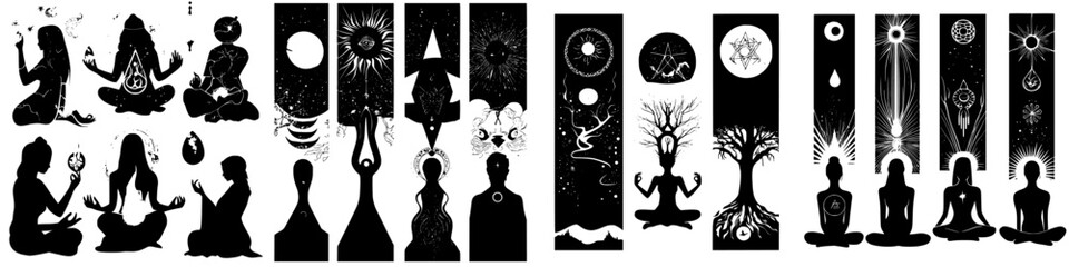 Meditative silhouettes representing harmony and connection in a serene setting with celestial motifs