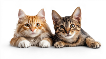 Two adorable cats lying side by side on transparent background