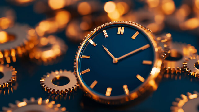 close up of vintage clock surrounded by intricate gears, showcasing steampunk aesthetic with warm golden tones. detailed craftsmanship evokes sense of nostalgia and mechanical beauty