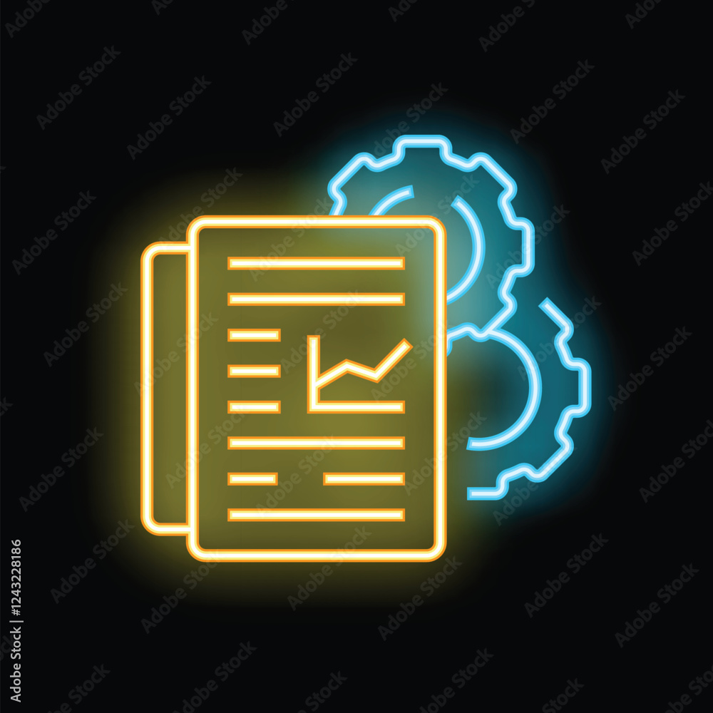 Poster neon glowing icon of a document with a chart and gears, representing workflow automation and busines