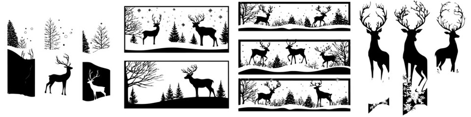 Silhouette art depicting deer in a snowy forest landscape with pine trees and winter scenery