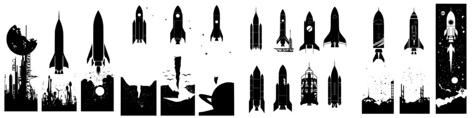 Silhouetted rockets in various designs set against a starry backdrop showcasing space exploration themes © Andrei