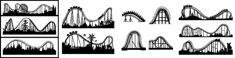 Various roller coaster designs showcasing thrilling amusement park rides in simple black silhouettes against a white backdrop