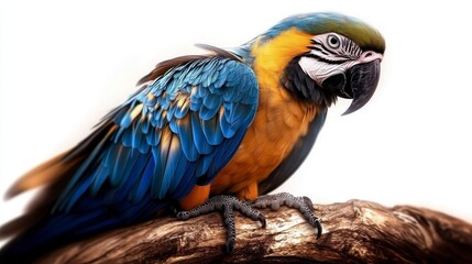 Fototapeta premium Blue and Yellow Macaw Perched on Branch Against White Background