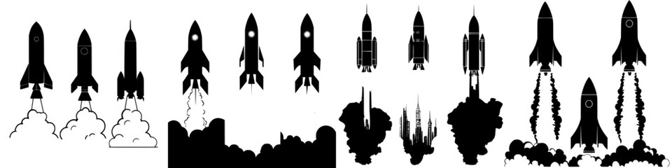 Rocket launch silhouettes display various stages of liftoff against a monochromatic background in a minimalist design