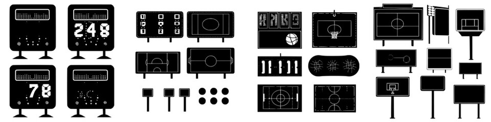 Basketball scoreboards and court markings showcased in a detailed black and white graphic display