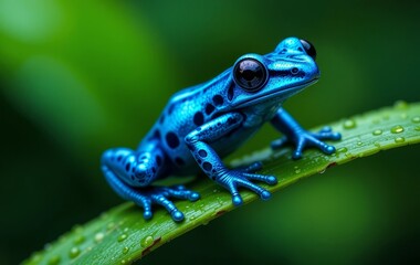 Obraz premium A close-up photo of a blue poison dart frog on a green leaf