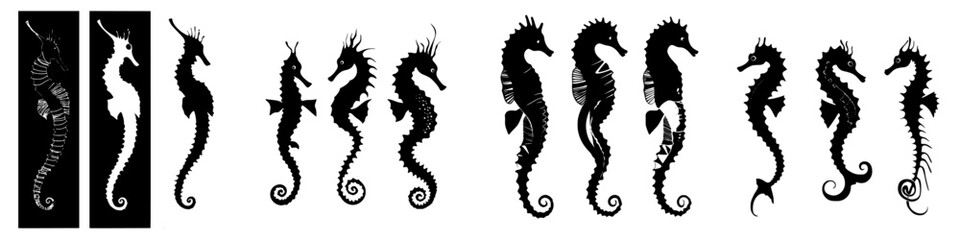 Unique artistic representations of seahorses in black silhouette against a light background