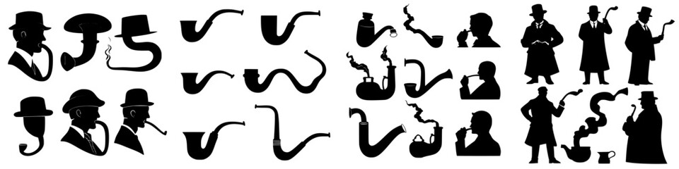 Silhouettes of classic gentlemen with pipes engaging in various activities and expressions during a vintage social gathering