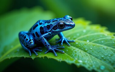 Obraz premium A close-up photo of a blue poison dart frog on a green leaf, with intricate details and vivid colors.