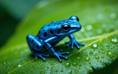 Obraz premium A close-up photo of a blue poison dart frog on a green leaf, with intricate details and vivid colors.