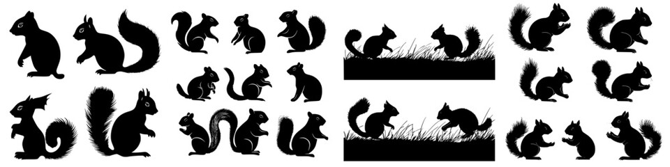 Silhouettes of squirrels in various poses and activities against a simple background displaying their playful nature