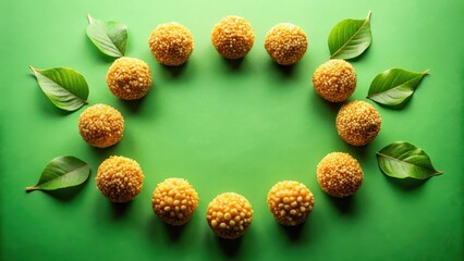 Fototapeta premium Sweet golden spheres arranged in a circular frame with vibrant green leaves