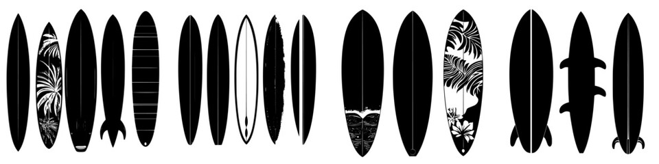 Collection of diverse surfboard silhouettes showcasing tropical themes and designs along a uniform background