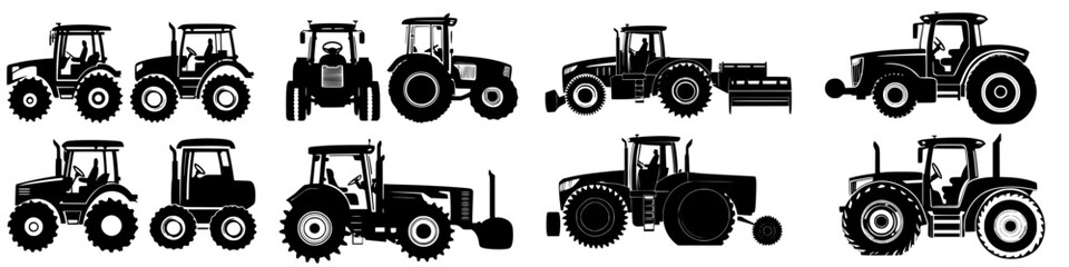 Various tractor silhouettes illustrating agricultural machinery used in farming and land cultivation