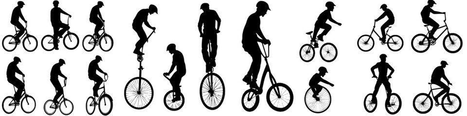 Obraz premium Various silhouettes of individuals performing tricks and stunts on different types of bicycles in a dynamic arrangement