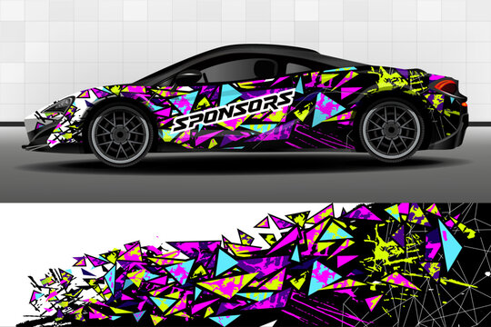 Racing car packaging design vector. Design of car stickers. Geometric polygonal abstract background for racing livery or daily use car vinyl decal. Car design development for the company.