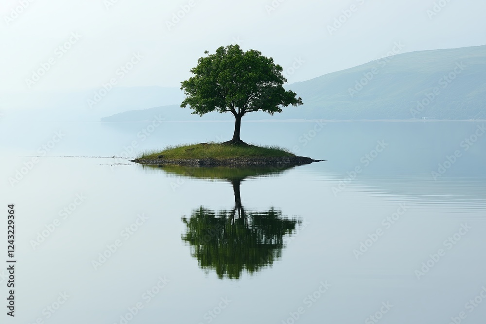 Poster a single tree on a tiny island, reflected perfectly in still water