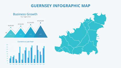 Business Growth Infographic Map of Guernsey. Vector Map of a global map in the form of regions of Guernsey. Infographic timeline. Easy to edit