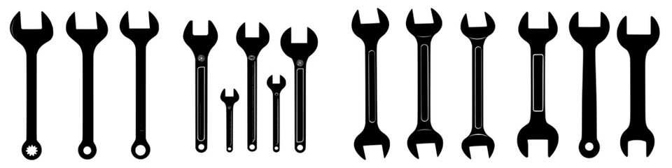 Various tools on a white background display different sizes and shapes of wrenches ideal for mechanical work and repairs