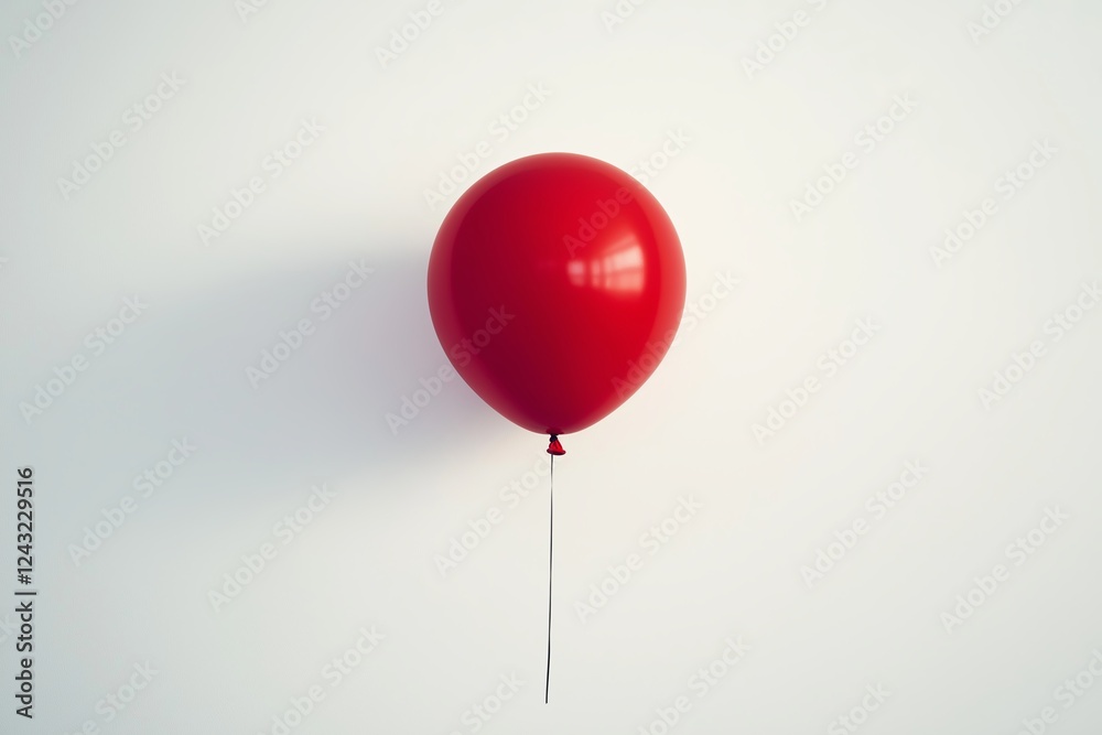 Poster a single red balloon floating in a completely white background.